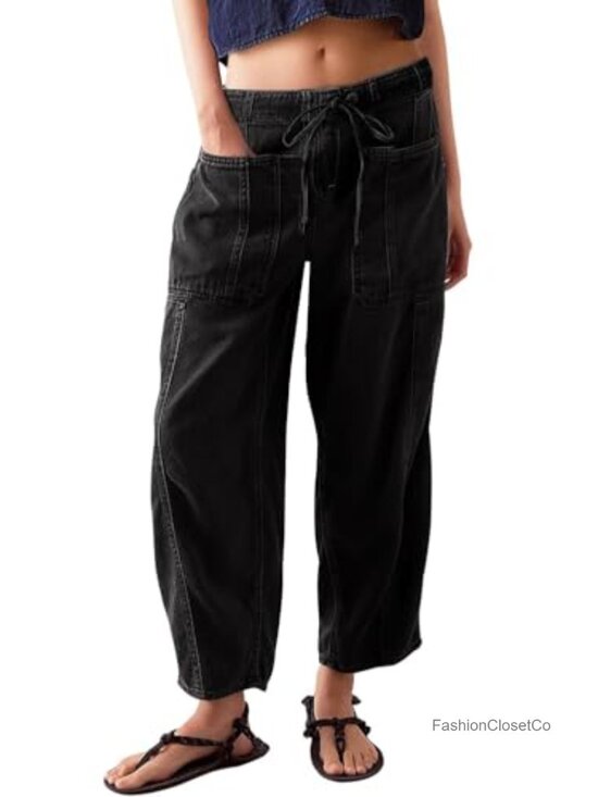 Denim - Womens Barrel Jeans Elastic Drawstring Loose Wide Leg Cropped Denim Pants Y2k
